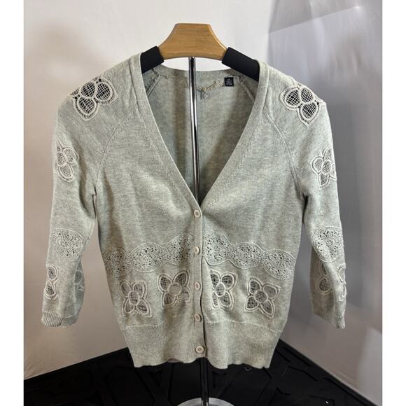 Anthropologie Sweaters - Anthro Knitted‎ And Knotted Cardigan XS Gray Crochet Floral Boho Cottagecore